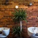 Two hair washing sinks in a hair salon in front of a red brick wall with a plant in between both.