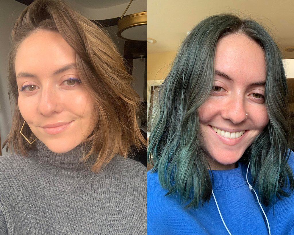 hair before and after dying hair blue