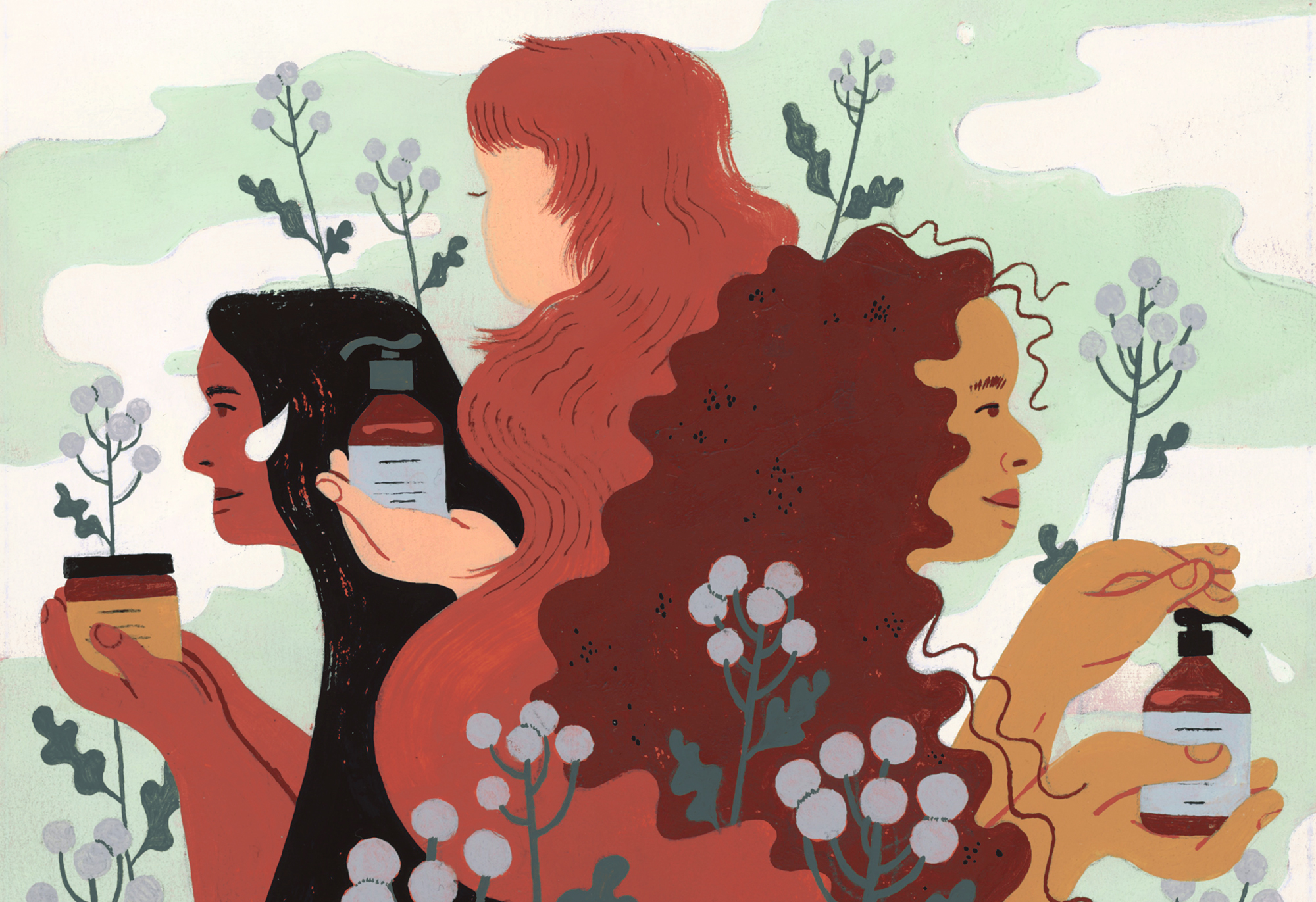illustration of three different women holding prose hair care products