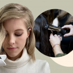 woman with blonde hair straightening her hair on a light green background