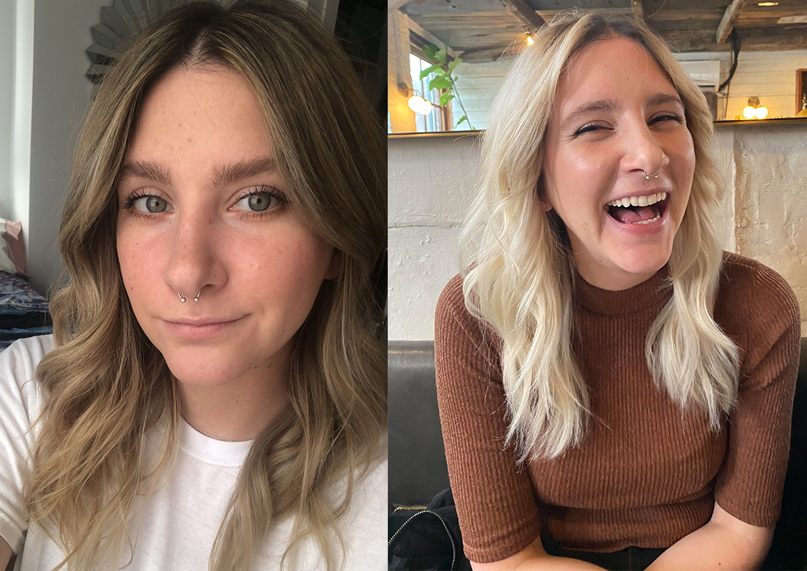 before and after of a platinum blonde dye job