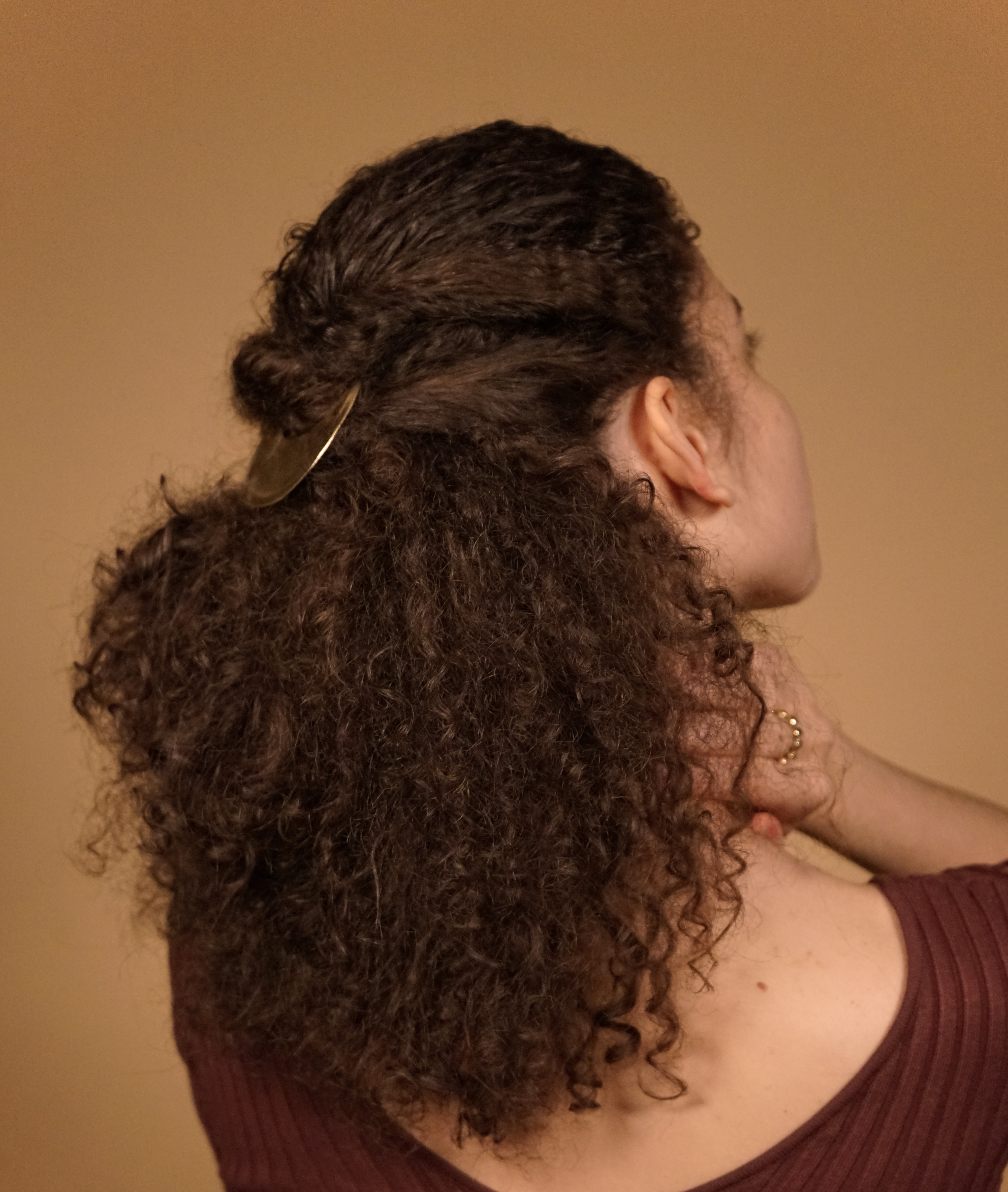 Woman with natural curly hair in half-up ponytail