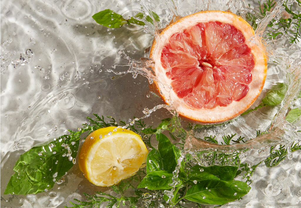 grapefruit, lemon, and mint in water