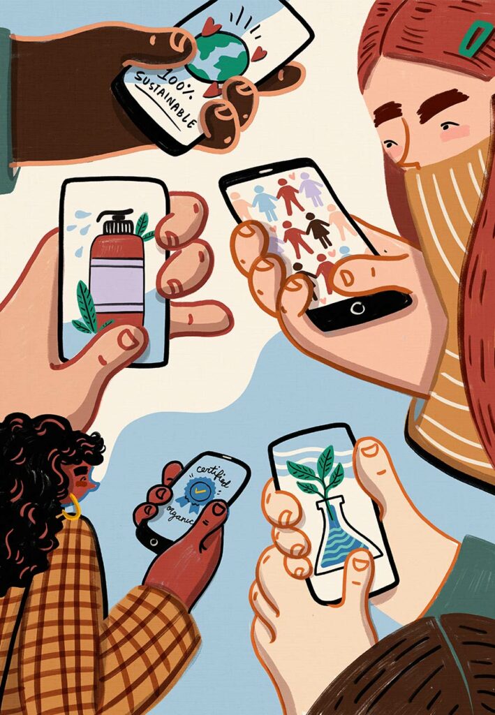 illustration of people holding phones representing b corps