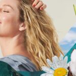 collage of woman with blonde wavy hair surrounded by fruits and flowers