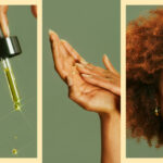 collage of woman using hair oil