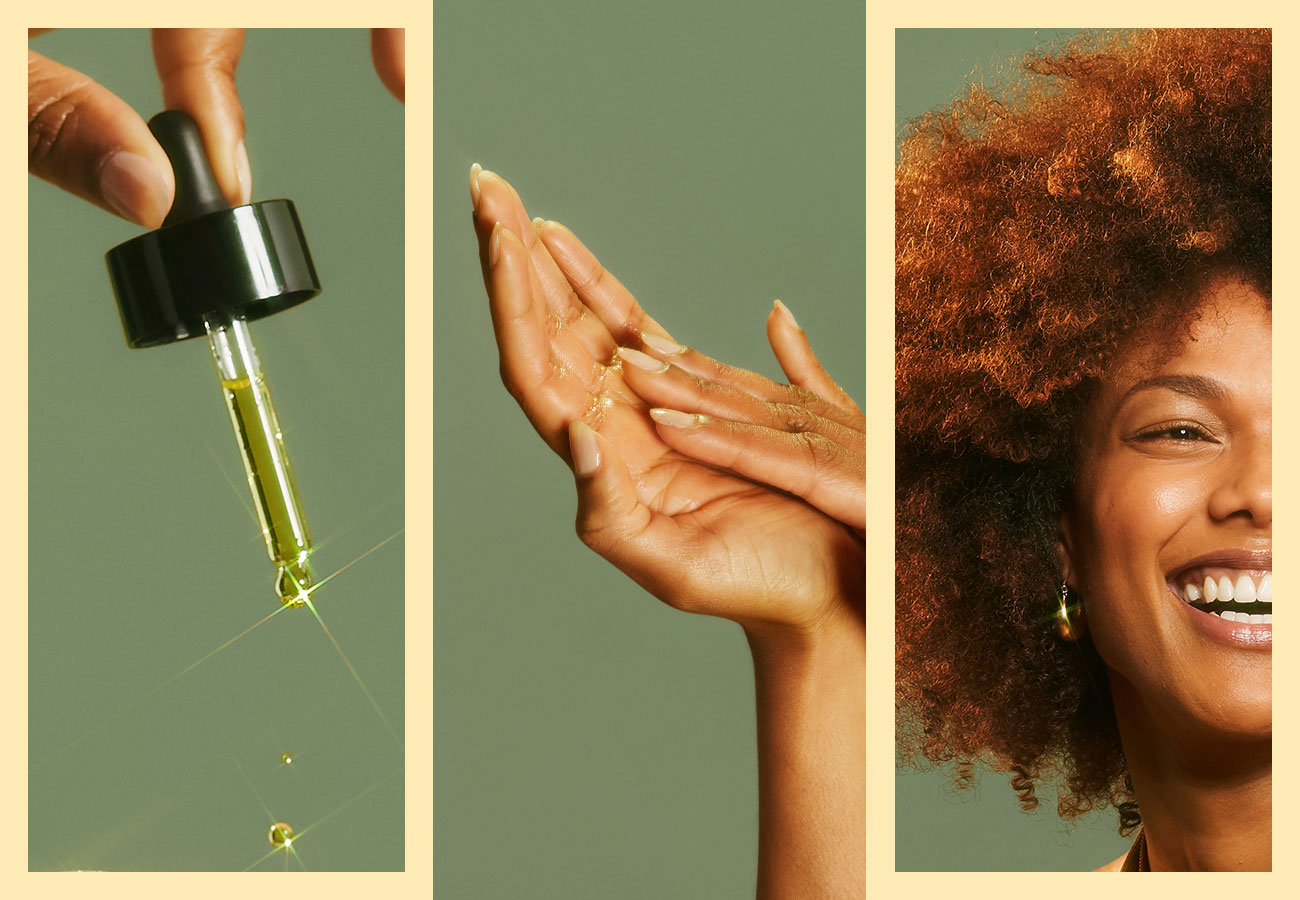 collage of woman using hair oil