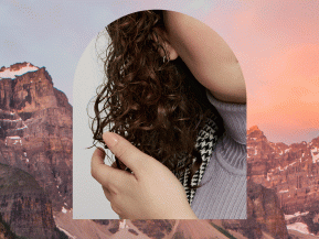 woman with curly hair and changing Canadian backgrounds