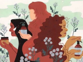 illustration of three women in nature holding prose haircare products