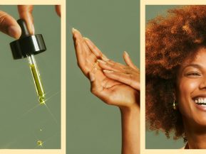 collage of woman using hair oil