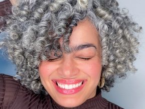 woman with curly silver hair